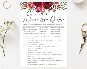 Movie Love Quotes Game | Printable Bridal Shower Game | Floral Wedding Shower | Red Roses, Flowers | Instant Download| BR033