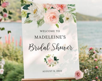 Bloemen welkomstbord vrijgezellenfeest, afdrukbaar bord, huwelijksdouche, bruidsbrunch, vrijgezellenfeest, blos en roze bloemen, groen BR061