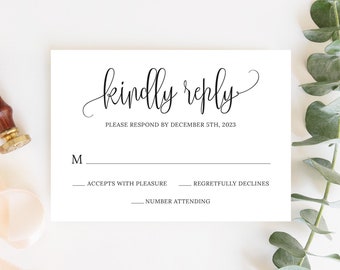 Printable Wedding RSVP Template, RSVP Card, Wedding Invitation Insert, Kindly Reply Card, Wedding Response Card, Digital File, WE030