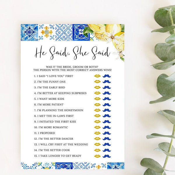 He Said She Said Game, Guess Who, Bride or Groom? Lemon Bridal Shower Games, Couples Shower, Mediterranean Blue Tiles, BR069 WE069