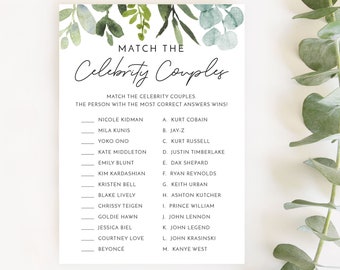 Match the Celebrity Couples Game | Famous Couples | Printable Bridal Shower Game | Floral Wedding Shower | Greenery, Leaves, Foliage | BR032