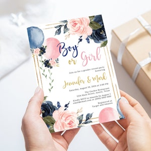 Gender Reveal Invitation, Blush and Navy Floral Invite, Boy or Girl, He or She, Balloons Gold, Printable Invitation Card, Digital File BA022