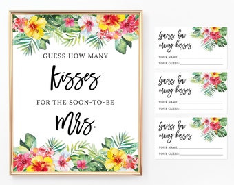 Tropical Kisses for the Soon to be Mrs Printable Sign and Cards, How Many Kisses Are in the Jar, Bridal Shower, Hawaiian, Greenery, BR025