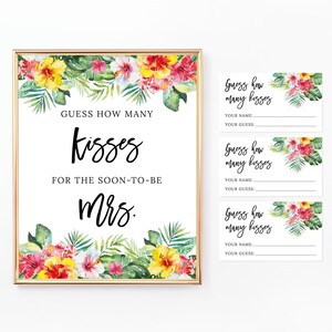 Tropical Kisses for the Soon to be Mrs Printable Sign and Cards, How Many Kisses Are in the Jar, Bridal Shower, Hawaiian, Greenery, BR025