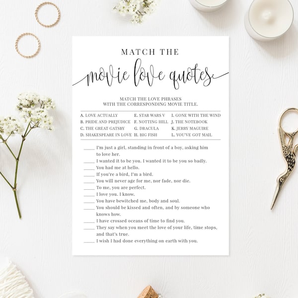 Movie Love Quotes Game | Bridal Shower Games | Wedding Shower | Black and White Design | DIGITAL FILE Instant Download | BR030
