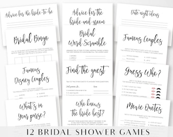 May include: Twelve printable bridal shower games with a black and white design. The games include Bridal Bingo, Famous Disney Couples, What's in Your Purse, Advice for the Bride-to-Be, Advice for the Bride and Groom, Bridal Word Scramble, Find the Guest, Guess Who, Date Night Ideas, Famous Couples, Who Knows the Bride Best, and Movie Quotes.
