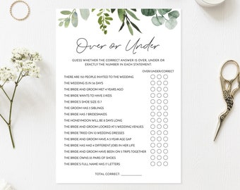 Over or Under Bridal Shower Game | Printable Game | Wedding Shower, Bachelorette Party | Greenery, Foliage, Leaves | Digital File | BR032