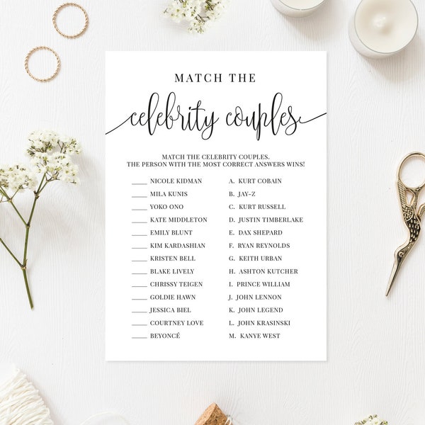 Match the Celebrity Couples | Famous Couples Game | Bridal Shower Games | Black and White Design | Instant Download | BR030