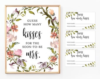 Kisses for the Soon to be Mrs Printable Sign and Cards, How Many Kisses Are in the Jar, Floral Bridal Shower, Flowers, Greenery, BR074