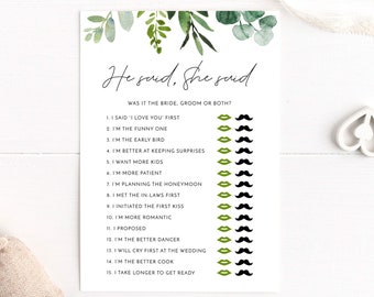 He Said, She Said Game | Guess Who? Bride or Groom | Bridal Shower | Wedding Shower | Greenery, Foliage, Leaves | Instant Download | BR032