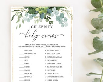 Celebrity Baby Names, Baby Shower Quiz, Baby Celebrity Game, Baby Shower Game Printable, Celebrity Match Game, Greenery, Eucalyptus, BA036