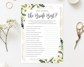 Who Knows the Bride Best, How Well Do You Know the Bride, Bridal Shower Game, Floral Wedding Shower, Greenery, BR002