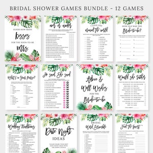 Bridal Shower Games Bundle, 12 Games, Tropical, Hawaiian, Pink Flowers, Printable Shower Games Package, Wedding Shower Games Pack, BR025 image 1