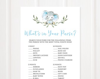 What's In Your Purse Game, Baby Shower Game, Printable Game, Elephant, Blue, Digital File, BA059