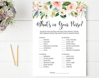 What's in Your Purse? Game | Floral Baby Shower Games | Pink Flowers, Blush, Greenery | DIGITAL FILE Instant Download | BA029