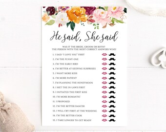 He Said She Said Bridal Shower Game, Guess Who, Bride or Groom, Floral Wedding Shower, Couples Shower, Blush and Orange, Digital File, BR052