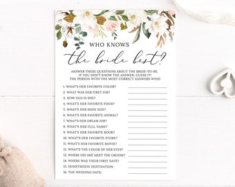 Who Knows the Bride Best, How Well Do You Know the Bride, Bridal Shower Game, Floral Wedding Shower, Pink, White Flowers, Digital File BR027