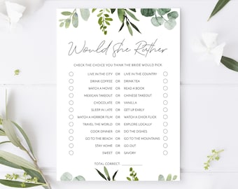 Would She Rather Game | Printable Bridal Shower Game | Wedding Shower | Greenery, Foliage, Leaves | Instant Download | BR032