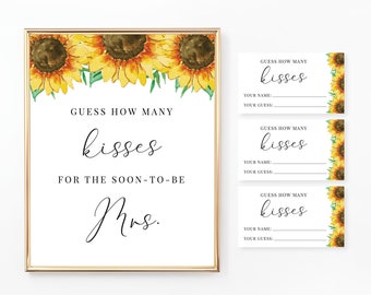 How Many Kisses Are in the Jar Sign and Card, Printable Bridal Shower Game, Kisses for the Soon to be Mrs, Sunflowers, Floral, Flowers BR013