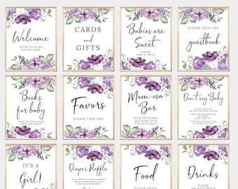 12 Baby Shower Signs Bundle, Printable, Signage Pack, Baby Shower Signs Set, Baby Shower Decor, Floral, Purple and Lilac Flowers, BA026