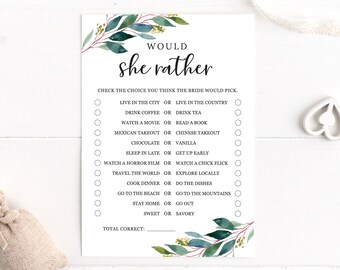 ¿Preferiría juego, juego de despedida de soltera imprimible, ducha de boda, vegetación, follaje, hojas, archivo digital, BR058?