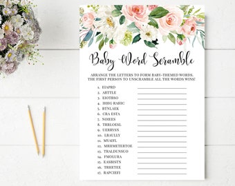 Baby Word Scramble Game | Floral Baby Shower Games | Pink Flowers, Blush, Greenery | DIGITAL FILE Instant Download | BA029