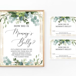 Hoe groot is mama's buikspel, bord en kaarten, babyshowerspel, babyshoweractiviteiten, groen, gebladerte, goud, bladeren, digitaal bestand BA036