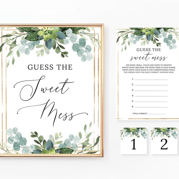 Guess the Sweet Mess Sign and Cards, Baby Shower Game, Candy Bar Game, Baby Shower Activities, Greenery, Foliage, Gold, Digital File, BA036