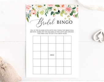 May include: A printable bridal shower bingo card with a floral design. The card has a title that says "Bridal Bingo" and instructions to fill in the blanks with gifts the bride will receive. The card has a free space in the center and 24 other squares.