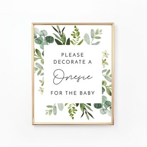 Dekorieren Sie ein Onesie-Schild, Babyparty-Schild, Onesie-Dekorationsstation, Babyparty-Spiel, Babyparty-Aktivität, Grün, Laub, Blätter BA032