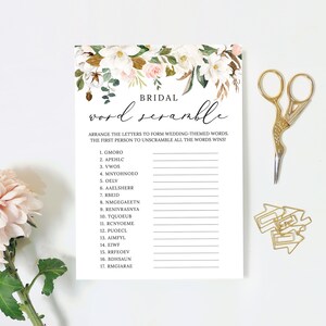 Bridal Word Scramble Game, Printable Bridal Shower Game, Floral Wedding Shower, Magnolias, Pink and White Flowers, Digital File, BR027