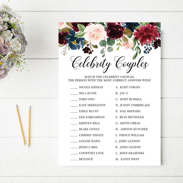 Celebrity Couples Game | Famous Couples | Printable Bridal Shower Game | Floral Wedding Shower | Burgundy and Navy | Instant Download| BR028