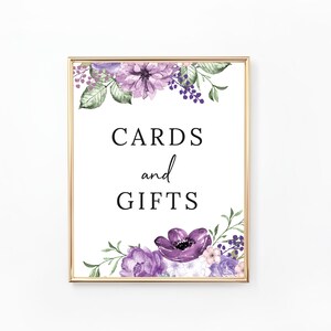 Karten und Geschenke Schild zum Ausdrucken | Blumenkarten-Schild | Geschenke Tischschild | Violette, lila, lila Blumen | Digitale Datei | WE026, BR026, BA026