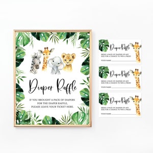 May include: A printable sign for a diaper raffle with a jungle theme. The sign features a giraffe, zebra, elephant, and lion with green leaves. The text reads "Diaper Raffle" and "If you brought a pack of diapers for the diaper raffle, please leave your ticket here."