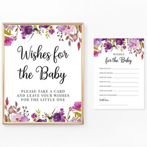 Wünsche für das Baby Schild und Karten | Wünsche für Baby zum Ausdrucken | Blumen-Babyparty-Spiele | Lila und lila Blumen | Digitale Datei | BA006