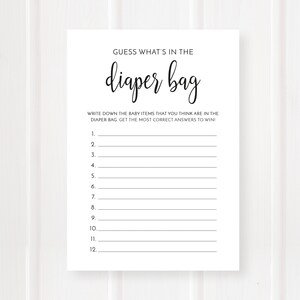 Baby Shower Diaper Bag Game, Guess What&#39;s In The Diaper Bag, Printable Game, Black and White, Digital File, BA005