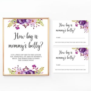 Quão grande é o jogo da barriga da mamãe, placas e cartas, jogo de chá de bebê, chá de bebê floral, roxo, arquivo digital, BA006