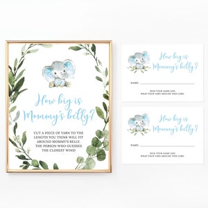 Qual o tamanho do jogo da barriga da mamãe, placas e cartas, jogo de chá de bebê, atividades de chá de bebê, azul, elefante, arquivo digital, BA059