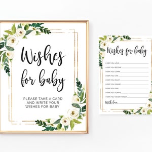 Wünsche für Baby-Schild und Karten, Wünsche für Baby zum Ausdrucken, Babyparty-Aktivitäten, weiße Blumen, Blumen, Grün, digitale Datei, BA002