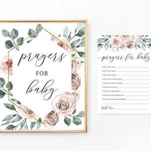 Gebete für Baby-Schild und Karten, druckbares Spiel, gute Wünsche für Baby, Babyparty-Aktivitäten, Boho, staubige Rosenblumen, rosa Blumen, BA071