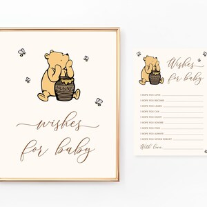 Winnie the Pooh desea signos y tarjetas de bebé, deseos imprimibles para bebé, buenos deseos, oso Pooh clásico, actividades de baby shower, BA087