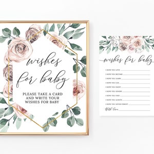 Wünsche für Baby-Schild und Karten, druckbare Wünsche für Baby, Babyparty-Aktivitäten, Boho, Floral Dusty Rose, rosa Blumen, BA071