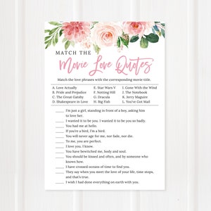 Combine o jogo de citações de amor do filme, jogo de chá de panela para impressão, chá de casamento floral, flores rosa e blush, arquivo digital, BR034