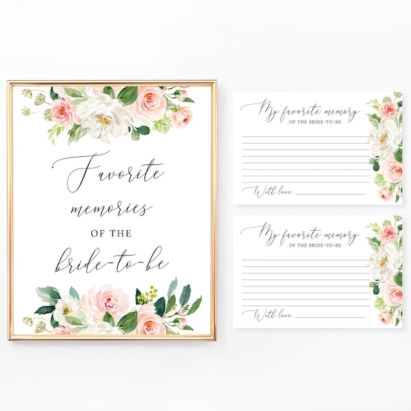 Favorite Memory of the Bride to be Sign and Cards, Floral Bridal Shower Sign, Wedding Shower Games, Blush and Pink Flowers, BR029