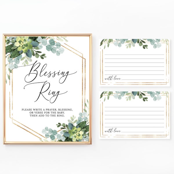 Baby Shower Blessing Ring Sign, Greenery Baby Shower Sign, Wishes for Baby, Prayers for Baby, Printable Sign, Baby Shower Game, Gold, BA036