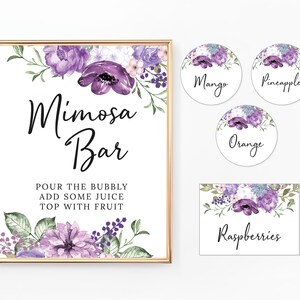 Floral Mimosa Bar Printable Sign with Juice Tags and Fruit Tents, Bridal Shower Sign, Purple, Violet Lilac Flowers, Digital File, BR026