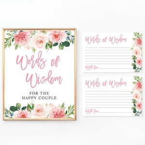 Woorden van wijsheid teken en kaarten, afdrukbaar, bloemenhuwelijksdouche, bruidsdouchespellen, parendouche, blozen en roze bloemen, BR034, WE034