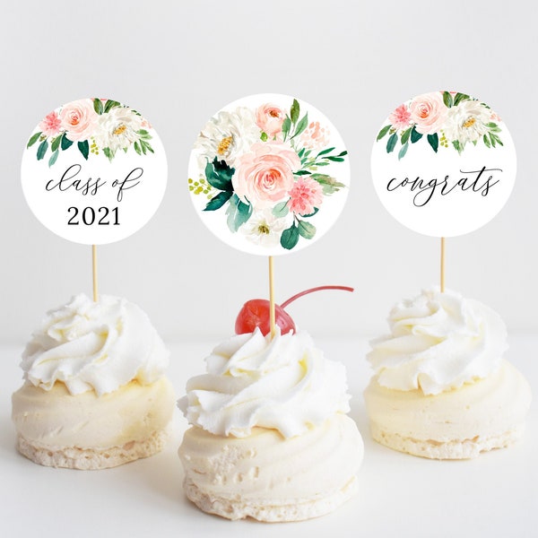 Floral Graduation Cupcake Toppers, Printable Cupcake Toppers, Favor Tags, Graduation Party, Blush and Pink Flowers, Digital File, GR029