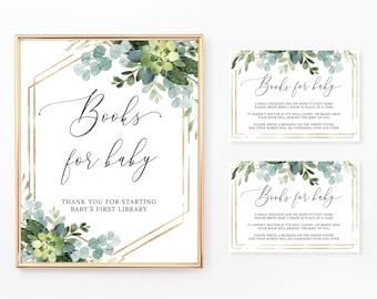 Książki dla dzieci Znak i karty, prośba o książkę na baby shower, wkładka z zaproszeniem, znak na baby shower, biblioteka dla dzieci, zieleń, liście, złoto, BA036
