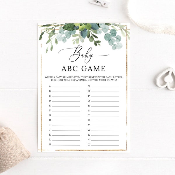 Baby ABC Game, Baby Shower Games, Baby Alphabet, Baby ABC, Fun Game, Greenery, Foliage, Gold, Leaves, Eucalyptus, Digital File, BA036